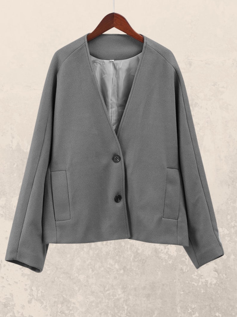 Abrigo corto informal y cálido para mujer, corto holgado de manga larga con cuello en V, chaqueta de moda femenina de otoño e invierno gray