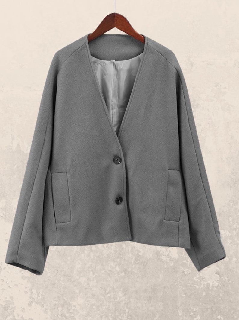 Frauen Lässige Warme Kurzmantel, lockere Lange Ärmel Kurz mit V-Ausschnitt, Herbst-Winter-weibliche Modejacke gray