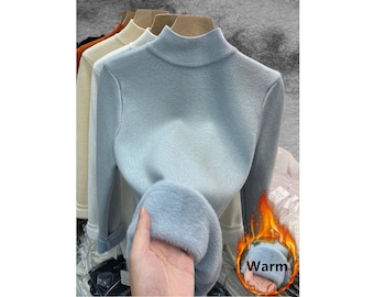 Damen Fleece Langarm Stretch Pullover, Kaschmir Wolle, Merina, Rollkragen, Pullover, weich Modisch, Herbst Winter Warmer Pullover