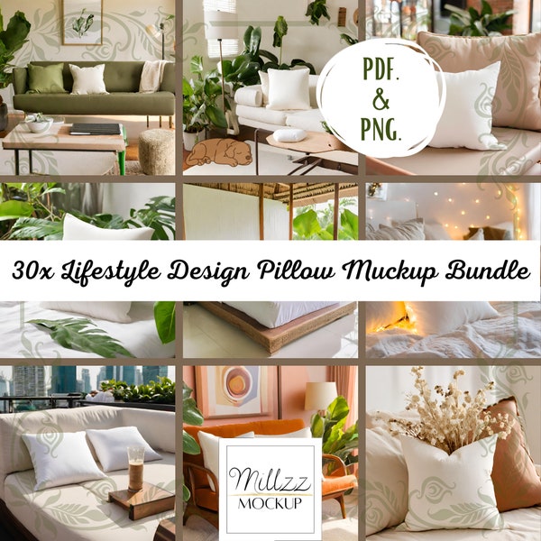 Lifestyle Pillow Mockup Bundle: 30 Designs for Home Decor, DIY Projects, Fashion, interior design template, seat cushion