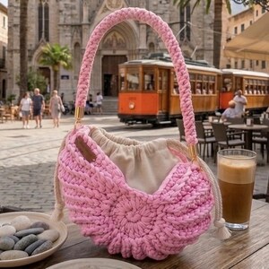 Puede incluir: Bolso rosa de crochet hecho a mano, con asa trenzada y detalles dorados. El bolso tiene un cierre de cordón y un interior beige. Está sobre una mesa de madera en un entorno al aire libre.
