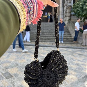 Handmade Black & Gold Spiral Crochet Bag - Artisanal Shoulder Purse with Metallic Details