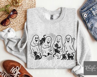 Vintage Ghost and Cat Sweatshirt Halloween gift Coquette Fall Halloween Shirt Cute Spooky Season Crewneck Ghosts with Cats Design funny cats
