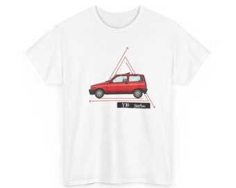 May include: A white short-sleeved t-shirt featuring a graphic of a red hatchback car centred within a red geometric triangle outline. Below the car, a black rectangular label displays the white text Y10 turbo in a clean, sans-serif font.