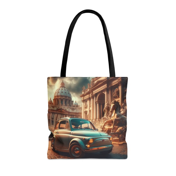 vintage fiat 500 tote bag in Rome - Italian artistic bag - St. Peter's Square - Trevi Fountain Rome