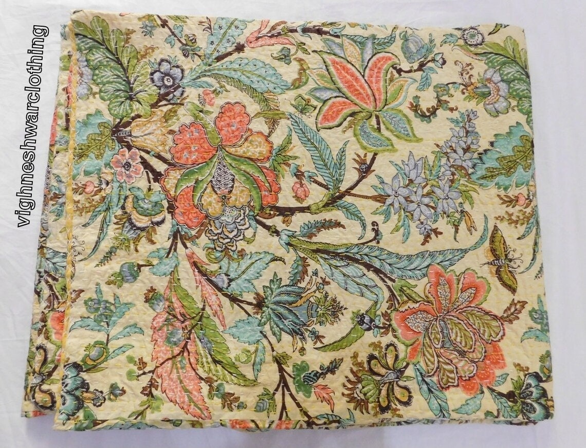 Indian Kantha Quilt Kantha Bedspread Indian Cotton Bed Cover Etsy