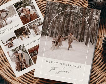 Può includere: Due biglietti di Natale con foto di famiglia. Un biglietto presenta un collage di foto invernali con la scritta "Merry Christmas". L'altro biglietto ha una foto di una coppia che corre nella neve con un cane, con la scritta "Merry Christmas" e un cognome.