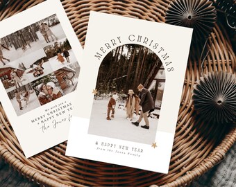 Boho Arch Photo Christmas Card Template: Minimalist Design (Digital Download)