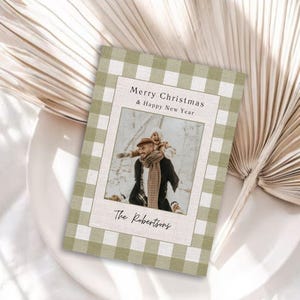 Carte de Noël vintage aspect lin, photo de carte de Noël Vichy beige vert, modèle de carte de Noël photo, modèles de toile minimalistes