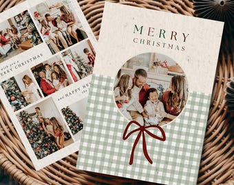 May include: Christmas cards with family photos. One card features a family photo inside a circle, with a green and white checkered pattern at the bottom and a red bow. The other card has multiple family photos and the text "MERRY CHRISTMAS".