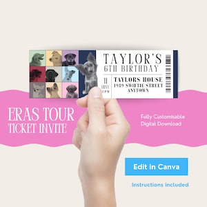Puede incluir: Una invitación estilo boleto con el texto "TAYLOR'S 6TH BIRTHDAY" y "ERAS TOUR TICKET INVITE." El diseño presenta una cuadrícula de retratos de perros y una imagen central de un perro. La invitación incluye detalles como la fecha, la hora y el lugar.