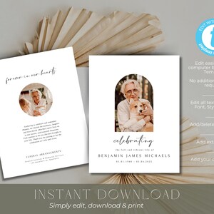 May include: A printable template for a memorial service or funeral programme. The template features a white background with a black archway and a photo of a man holding a dog. The text "celebrating the full and vibrant life of Benjamin James Michaels" is printed below the photo. The template is designed to be edited and printed at home.
