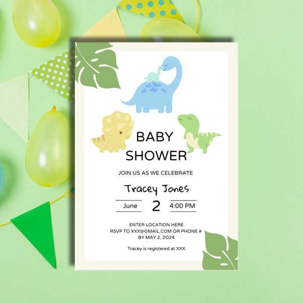 Dinosaur baby shower invite, editable template through Canva, 5x7 digital file