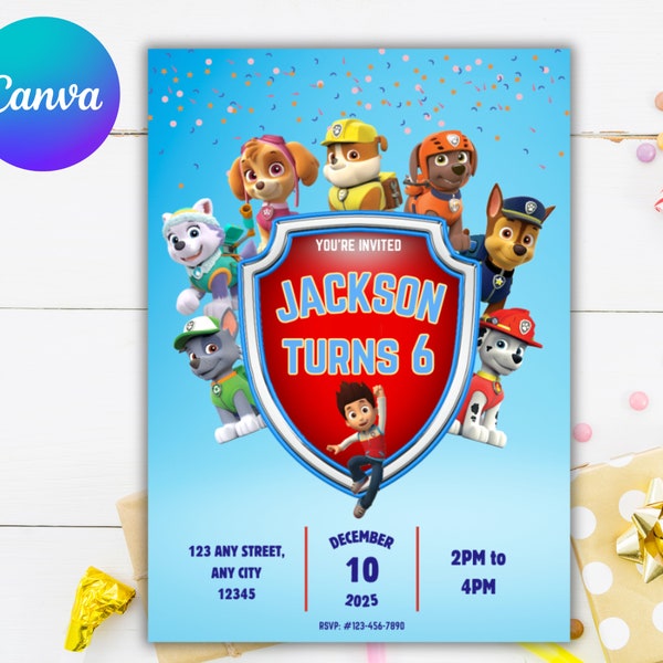 Editable Puppy Patrol and Pup Crew Invite Birthday Invitation Dog Paw Party Digital Template Editable In Canva For Free Instant Download