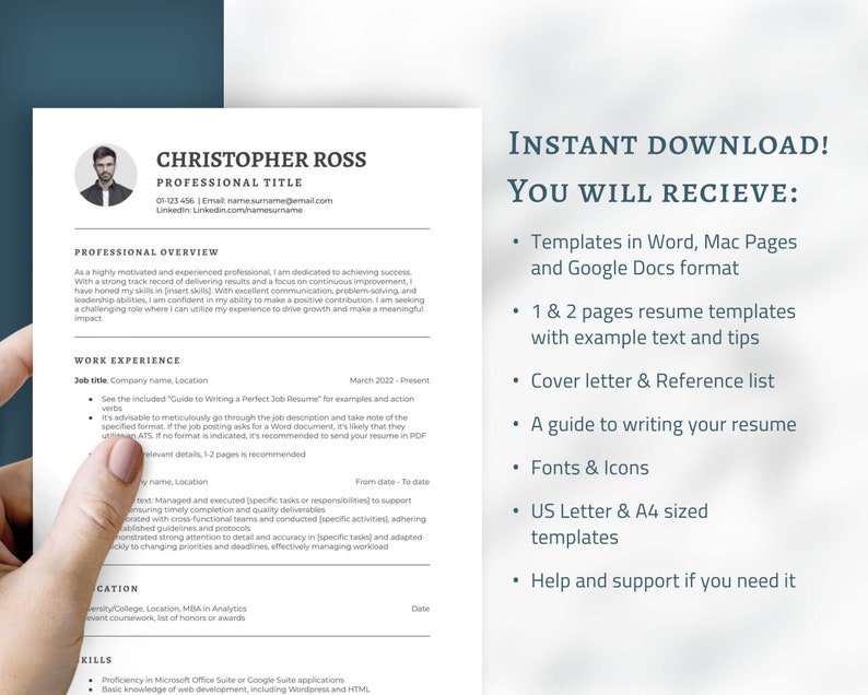 May include: A resume template download page with a blue and white color scheme. The page lists the different resume templates included in the download, such as Word, Mac Pages, and Google Docs formats. The page also includes a guide to writing a resume, fonts and icons, and help and support if needed.