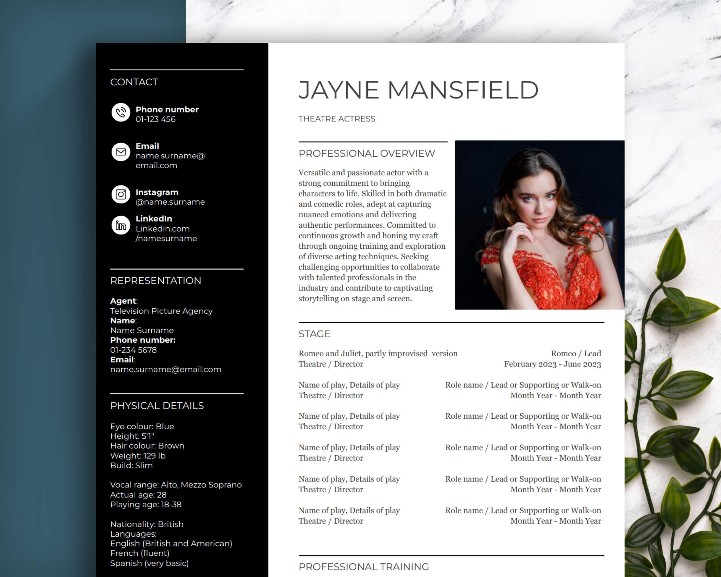 THEATRE ACTRESS or ACTOR Resume. Example Text and Sections Especially ...
