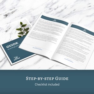 Op de afbeelding: Een gids voor het schrijven van je cv, met de tekst "Perfect Job Resume" en "Guide to writing your resume" op de cover. Het open boek toont tekst over cv's. De afbeelding bevat de tekst "Step-by-step guide" en "Checklist included".