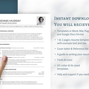 Op de afbeelding: Een cv-sjabloon voor een softwareontwikkelaar, met de naam Dennis Murray. Het cv bevat secties voor professionele overzicht, werkervaring, opleiding en vaardigheden. De tekst "DIRECT DOWNLOADEN! U ONTVANGT:" is ook zichtbaar.