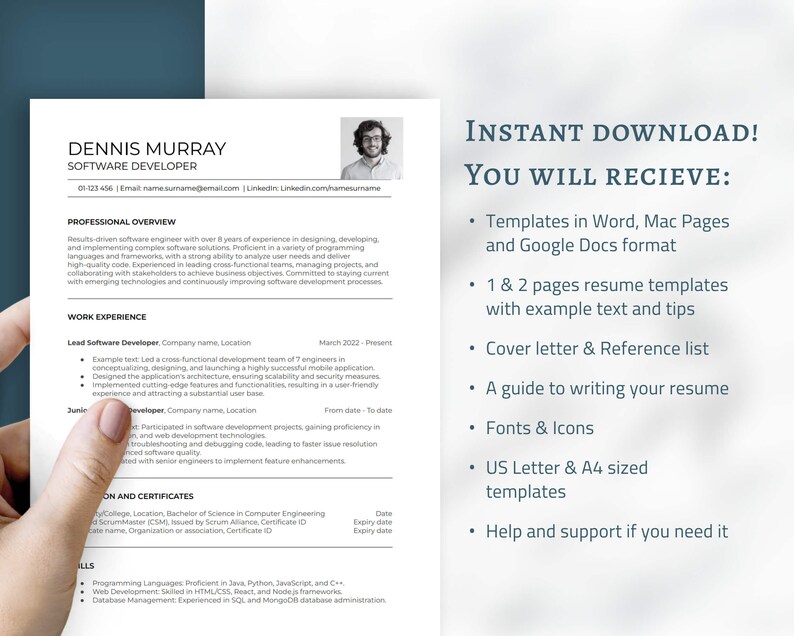 Op de afbeelding: Een cv-sjabloon voor een softwareontwikkelaar, met de naam Dennis Murray. Het cv bevat secties voor professionele overzicht, werkervaring, opleiding en vaardigheden. De tekst "DIRECT DOWNLOADEN! U ONTVANGT:" is ook zichtbaar.