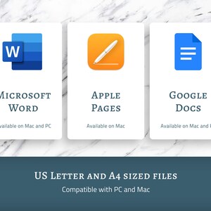 May include: Three icons representing popular word processing programs: Microsoft Word, Apple Pages, and Google Docs. The icons are blue, orange, and blue, respectively. The text below each icon indicates the program name and its availability on Mac and PC.