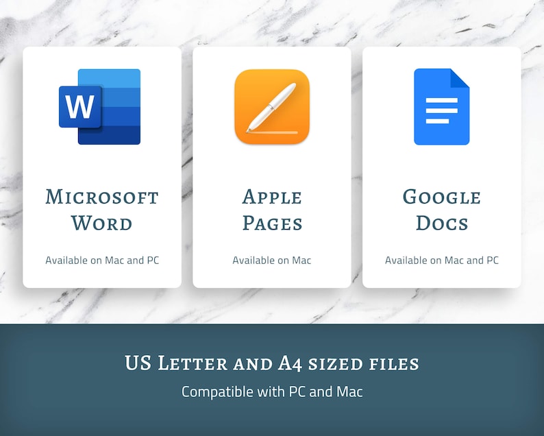 May include: Three icons representing popular word processing programs: Microsoft Word, Apple Pages, and Google Docs. The icons are blue, orange, and blue, respectively. The text below each icon indicates the program name and its availability on Mac and PC.