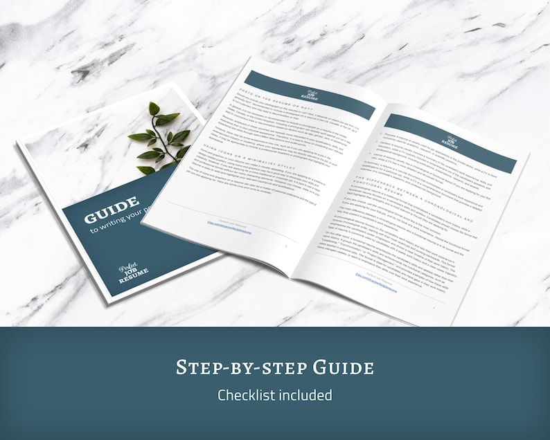 May include: A step-by-step guide to writing a resume, with a checklist included. The guide is printed on white paper with a blue cover and a green leaf design.