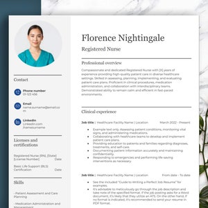 REGISTERED NURSE Resume Template with photo. Example text and sections especially for healthcare. Word, Google Docs & Pages. Easy to edit CV