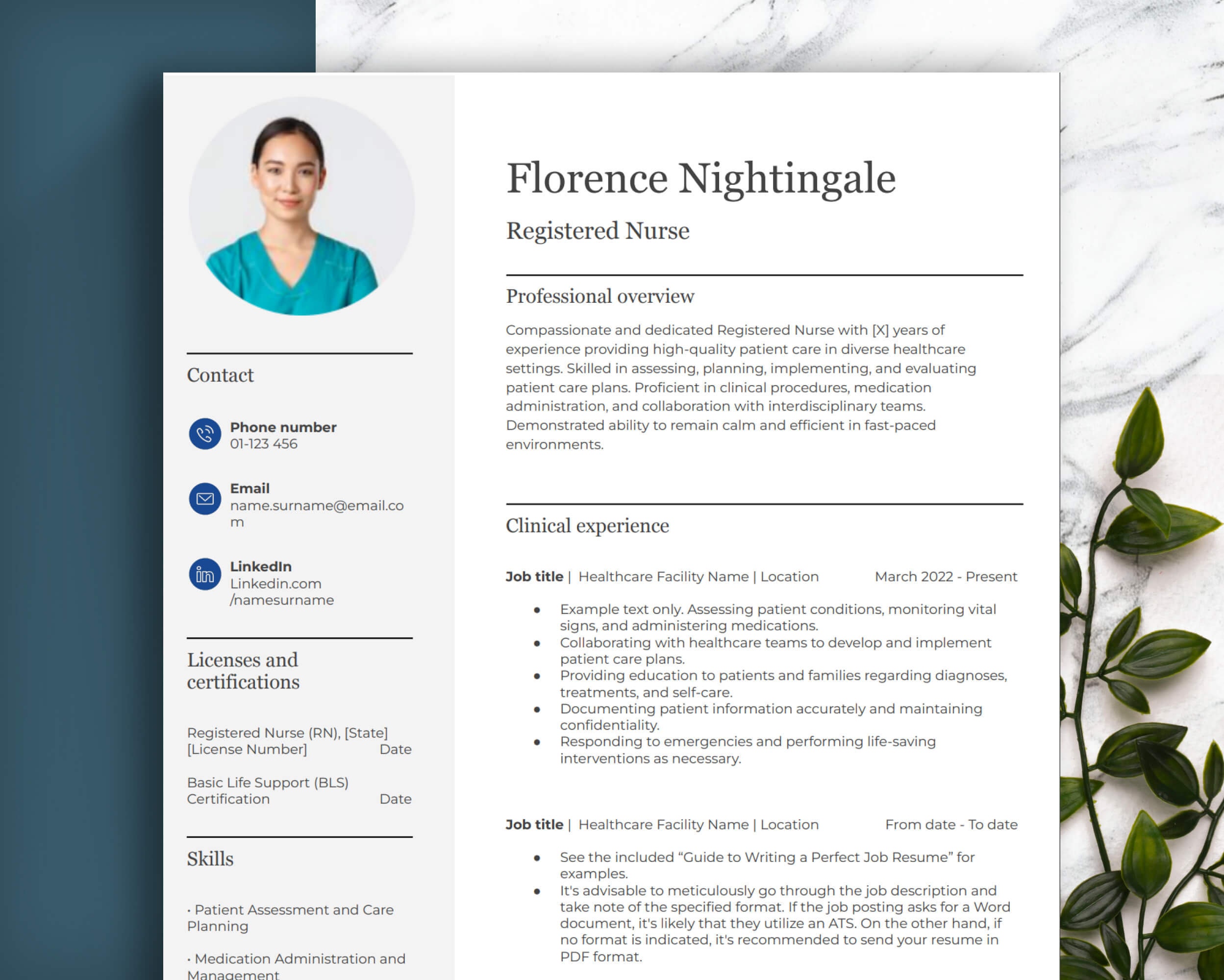 REGISTERED NURSE Resume Template with photo. Example text and sections especially for healthcare. Word, Google Docs & Pages. Easy to edit CV