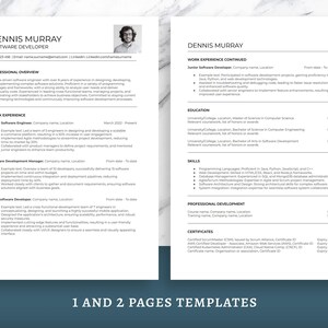 Op de afbeelding: Een cv-sjabloon van twee pagina's met een professioneel ontwerp. Het cv bevat secties voor professioneel overzicht, werkervaring, opleiding en vaardigheden. De sjabloon bevat de naam "DENNIS MURRAY" en de tekst "SOFTWARE DEVELOPER". De onderkant van de afbeelding luidt "1 AND 2 PAGES TEMPLATES".