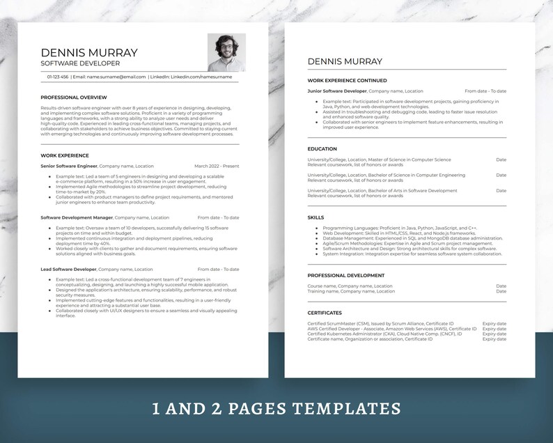 Op de afbeelding: Een cv-sjabloon van twee pagina's met een professioneel ontwerp. Het cv bevat secties voor professioneel overzicht, werkervaring, opleiding en vaardigheden. De sjabloon bevat de naam "DENNIS MURRAY" en de tekst "SOFTWARE DEVELOPER". De onderkant van de afbeelding luidt "1 AND 2 PAGES TEMPLATES".