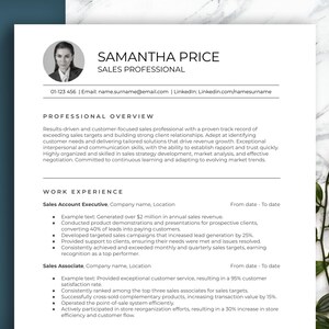 Currículum de ventas. Plantilla profesional con texto de ejemplo para ventas. Fácil de editar en Word, Pages y Google Docs, con carta de presentación y referencias.