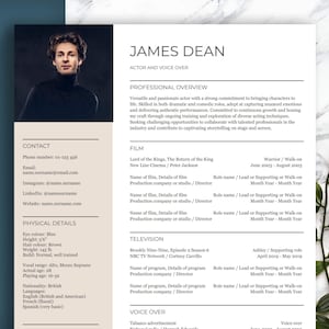 May include: A black and white resume for James Dean, an actor and voice-over artist. The resume lists his contact information, physical details, and professional experience in film, television, and voice-over work.