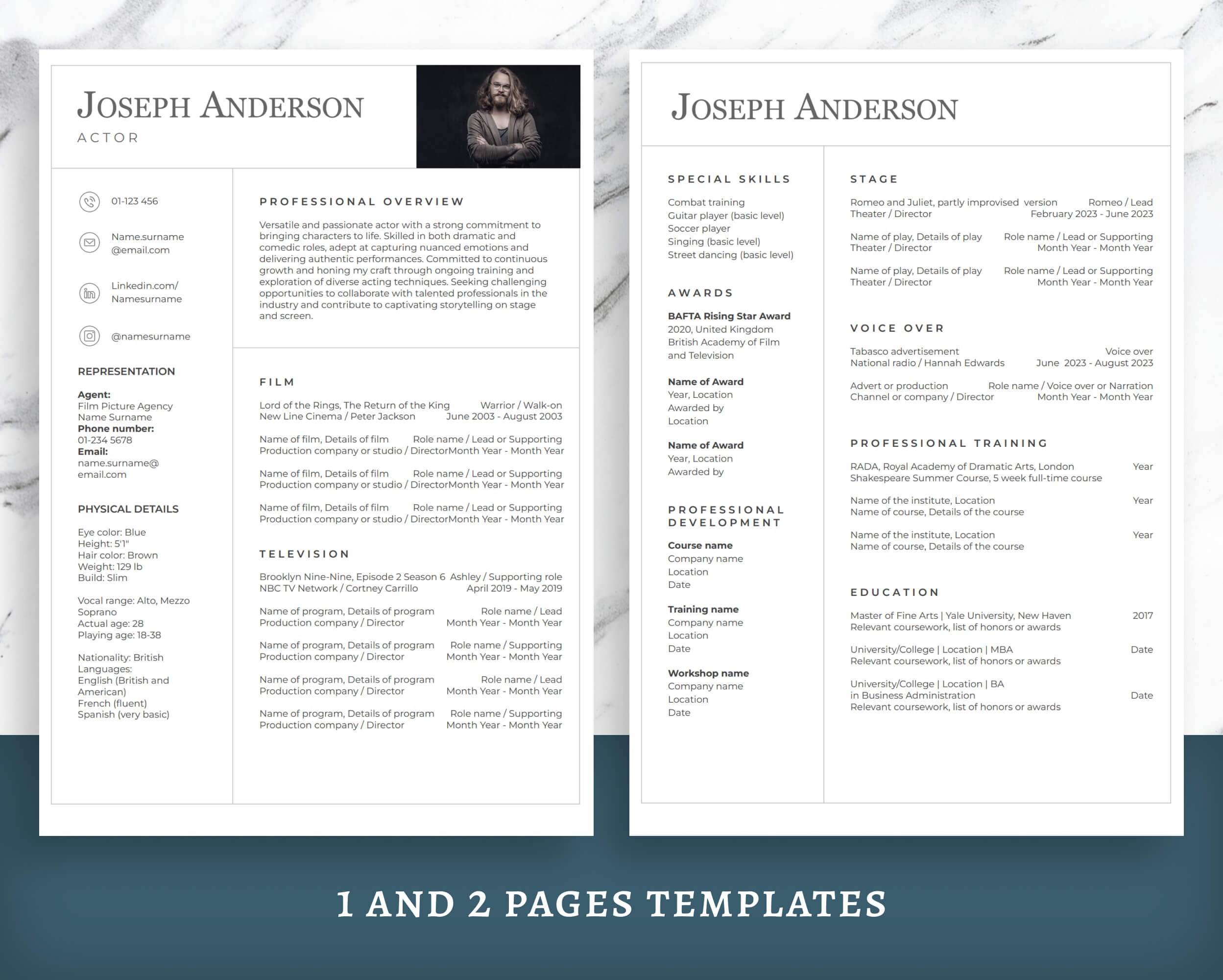 Actor Resume Template, Film & TV, Modern Design (word, Pages, Google ...