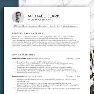 Plantilla de currículum para profesionales de ventas con texto de ejemplo. Fácil de editar en Word, Pages y Google Docs, con carta de recomendación y referencias.