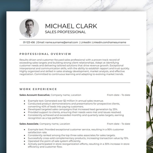 SALES professional Resume Template with example text for sales. Easy to edit in Word, Pages and Google Docs, matching letter + references