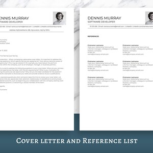 Op de afbeelding: Twee pagina's tellende cv-sjabloon met de naam "DENNIS MURRAY" en de titel "SOFTWARE DEVELOPER" bovenaan. De linkerpagina is een sollicitatiebrief en de rechterpagina is een referentielijst. De tekst "COVER LETTER AND REFERENCE LIST" staat onderaan.