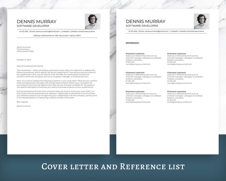 Op de afbeelding: Twee pagina's tellende cv-sjabloon met de naam "DENNIS MURRAY" en de titel "SOFTWARE DEVELOPER" bovenaan. De linkerpagina is een sollicitatiebrief en de rechterpagina is een referentielijst. De tekst "COVER LETTER AND REFERENCE LIST" staat onderaan.