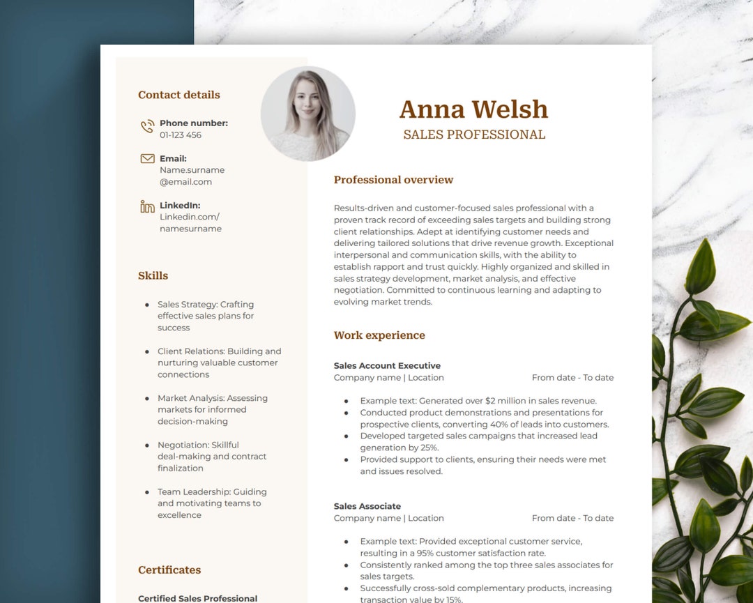 SALES MODERN Resume Template With Example Text for Sales. Easy to Edit ...