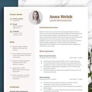 May include: A resume template with a professional design. The document features the name "Anna Welsh" and the title "SALES PROFESSIONAL." It includes sections for contact details, skills, work experience, and certificates. The resume is primarily beige and white with a photo of a woman.