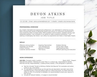 MINIMALIST 1-column ATS-friendly resume template. Easy-to-Edit in Word, Google Docs & Pages. Professional design. Curriculum Vitae. CV