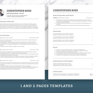 May include: A black and white resume template with a professional headshot, a professional overview, work experience, education, skills, professional development, and certificates sections. The resume is for Christopher Ross, who has a professional title.