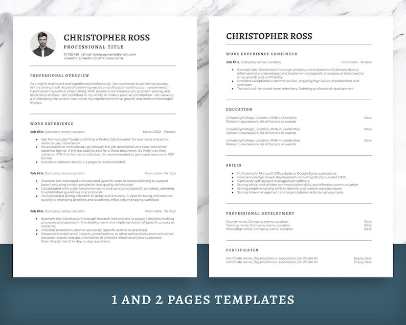 May include: A black and white resume template with a professional headshot, a professional overview, work experience, education, skills, professional development, and certificates sections. The resume is for Christopher Ross, who has a professional title.