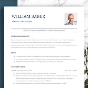 May include: A resume template featuring the name "WILLIAM BAKER" and the title "HEAD CHEF." The document includes sections for professional overview, skills, and work experience. The resume is on a white background with a photo of a man and a dark blue border.