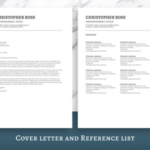 May include: A black and white cover letter and reference list template with the name Christopher Ross and the title Professional Title. The cover letter includes a sample introduction and a section on how to address the following questions when composing a persuasive cover letter. The reference list includes a sample reference with the name Firstname Lastname, their position, company, phone number, and email address.