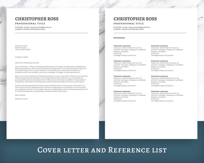 May include: A black and white cover letter and reference list template with the name Christopher Ross and the title Professional Title. The cover letter includes a sample introduction and a section on how to address the following questions when composing a persuasive cover letter. The reference list includes a sample reference with the name Firstname Lastname, their position, company, phone number, and email address.