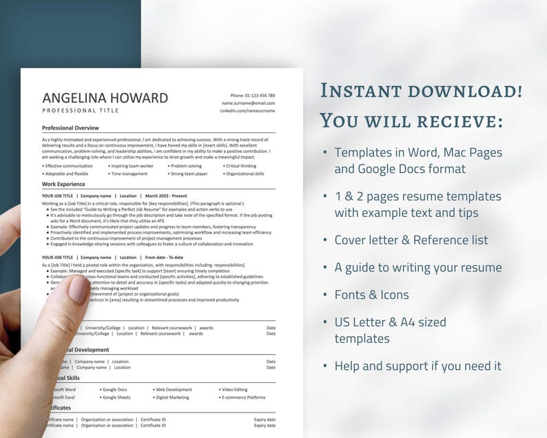 Availability Resume ATS Resume Template, Minimalist Design (word, Google Docs, Pages) - Etsy