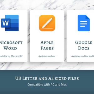 Op de afbeelding: Drie pictogrammen die Microsoft Word, Apple Pages en Google Docs vertegenwoordigen, worden weergegeven op een witte achtergrond. Het Microsoft Word-pictogram is blauw, Apple Pages is oranje en Google Docs is blauw. Tekst onder elk pictogram geeft de beschikbaarheid op Mac en pc aan. De onderste tekst luidt "US Letter- en A4-bestanden".