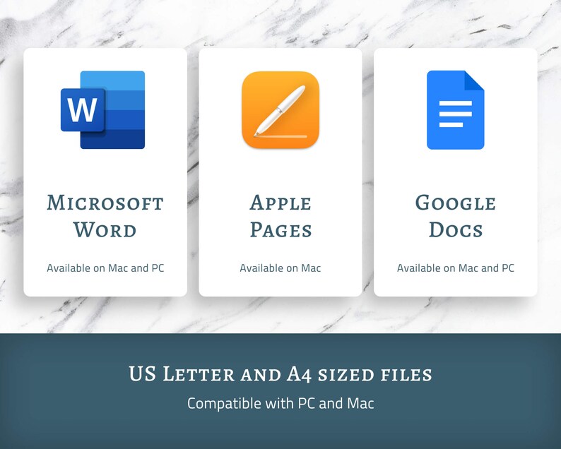 Op de afbeelding: Drie pictogrammen die Microsoft Word, Apple Pages en Google Docs vertegenwoordigen, worden weergegeven op een witte achtergrond. Het Microsoft Word-pictogram is blauw, Apple Pages is oranje en Google Docs is blauw. Tekst onder elk pictogram geeft de beschikbaarheid op Mac en pc aan. De onderste tekst luidt "US Letter- en A4-bestanden".