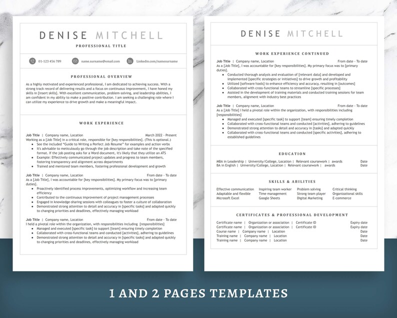 MODERN 1 column Resume Template 1 Page 2 Pages CV Matching Cover