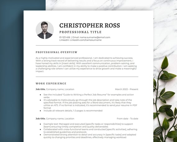Modern Minimalist Resume Template, Photo, CV Template (Word, Google Docs, Pages)